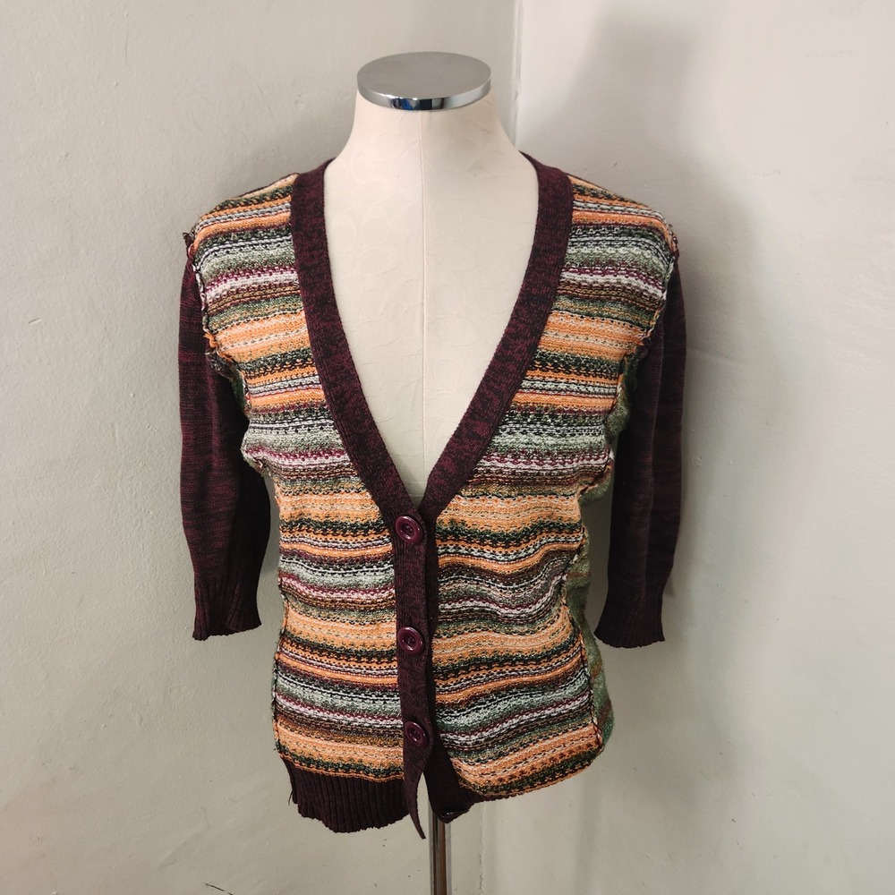 BKE Womens Striped Mixed Media Cardigan Sweater Burgundy Orange Green Size M